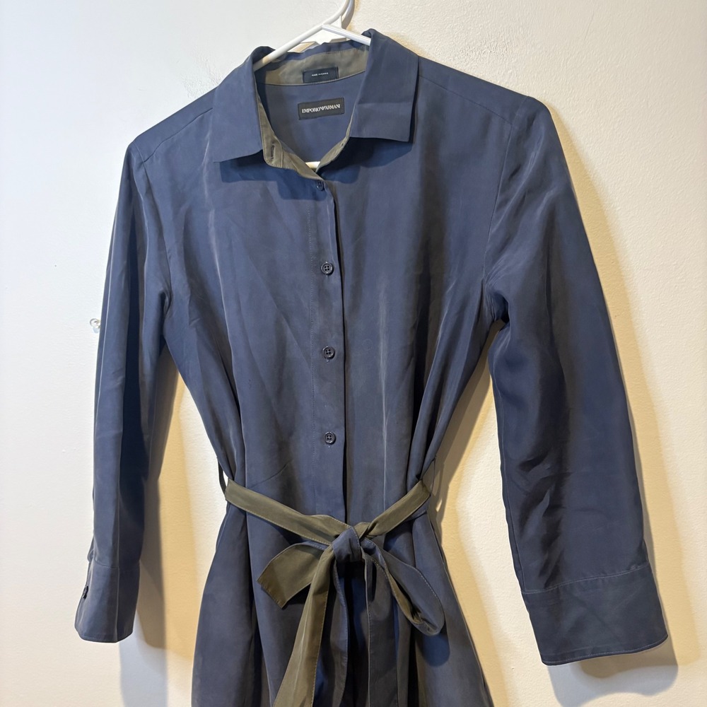 Emporio Armani 100% Silk Womens Shirt Dress Sz 36 Blue Green Button Front Belted - Picture 2 of 11
